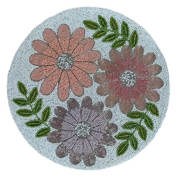 TAHARI HOME Hand Glass Beaded Round Placemat Charger 15" Pop of Color Floral NEW